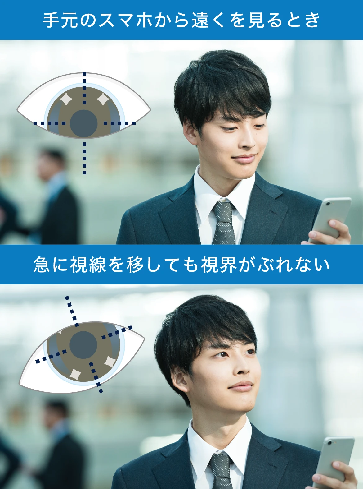手元のスマホから遠くを見るとき、急に視線を移しても視界がぶれない 手元のスマホから遠くを見るとき、急に視線を移しても視界がぶれない