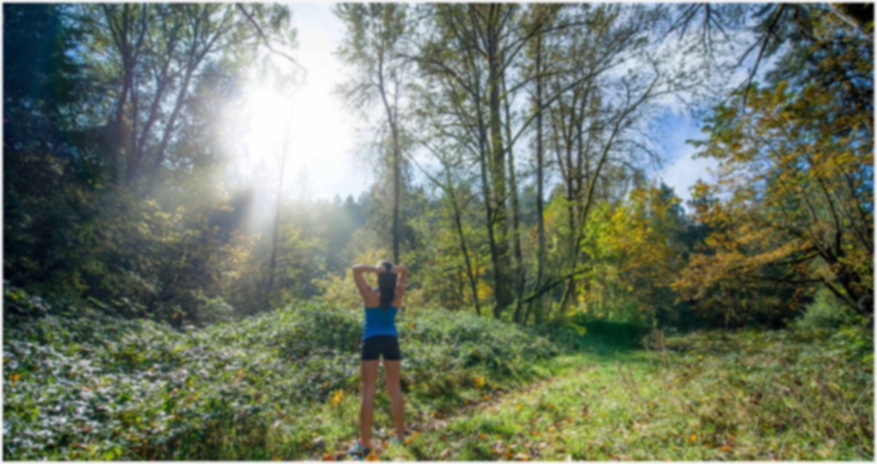 A woman hiking in the forest with sunlight beaming through the trees, but blurry.