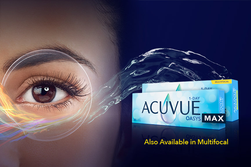 Une boîte de lentilles cornéennes Acuvue Oasys Max 1 -jour et Acuvue Oasys Max Multifocal, une marque populaire reconnue pour son confort et sa clarté visuelle exceptionnels. 