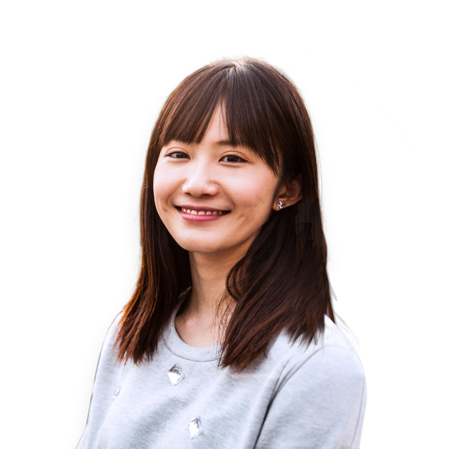 Young Asian woman with shoulder-length hair, and gray blouse