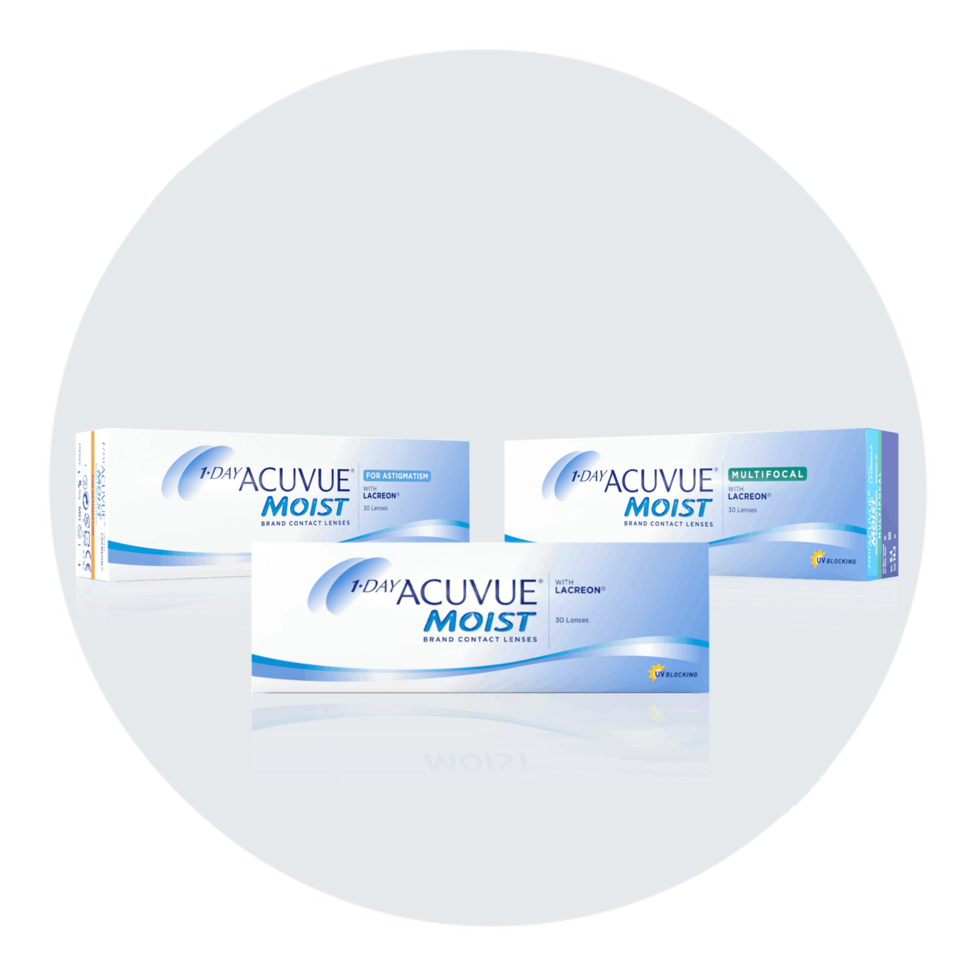 Three ACUVUE® MOIST® boxes.