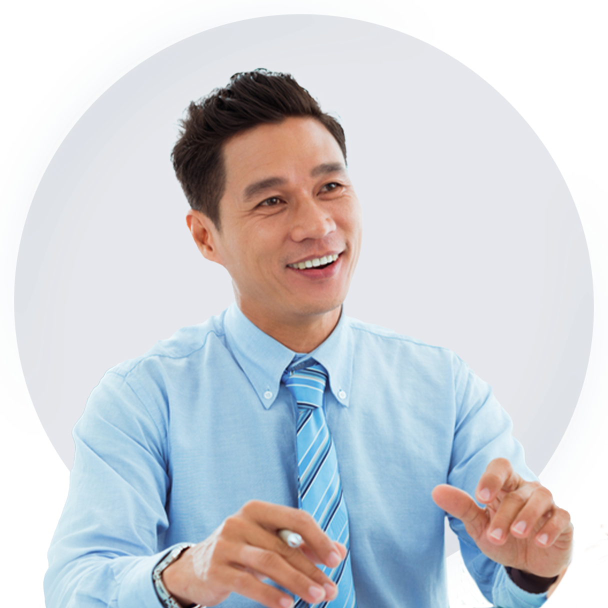 Smiling young man with a well-groomed dressed in a blue shirt with tie having a discussion in the office