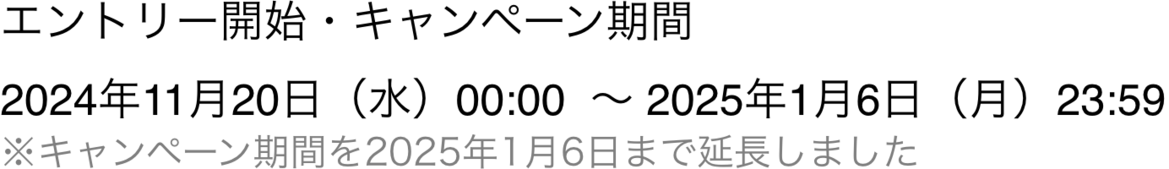 エントリー開始・キャンペーン期間 2024年11月20日（水）00:00  ～ 2025年1月6日（月）23:59