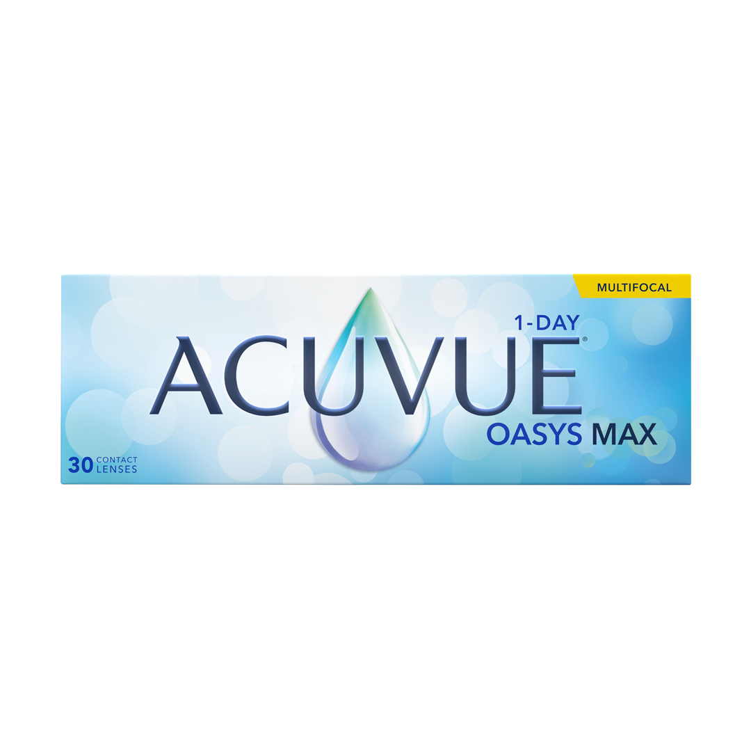Une boîte de lentilles cornéennes Acuvue Oasys Max 1-jour Multifocal, une marque populaire reconnue pour son confort et sa clarté visuelle exceptionnels