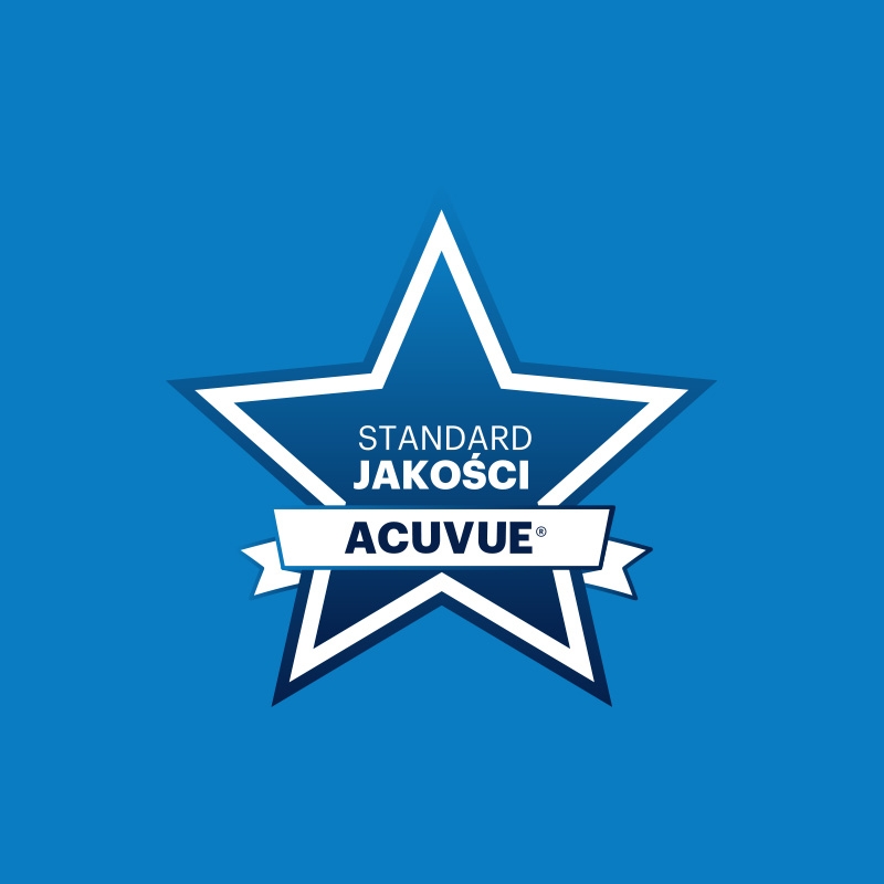 Granatowa gwiazda z napisem Standard Jakości ACUVUE® Symbol SJA