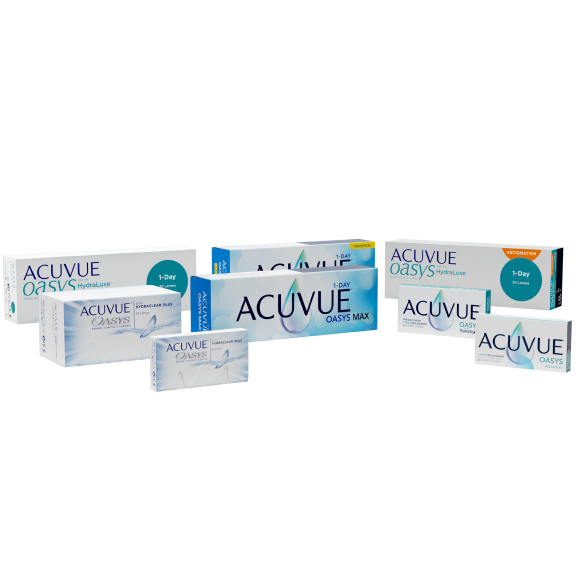 ACUVUE[^®] contact lens product range in front of a large contact lens