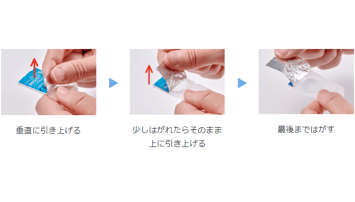 垂直に引き上げる▶正しいホイルのはがし方 少しはがれたらそのまま上に引き上げる▶正しいホイルのはがし方 最後まではがす