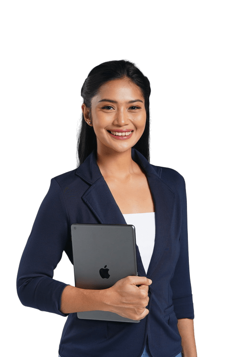 Smiling woman holding a tab in her right arm and wearing formal attire