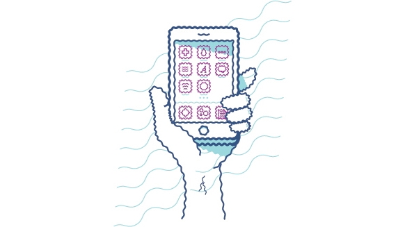 Icon of a hand holding a digital device with wavy grey lines across it illustrating blurry vision