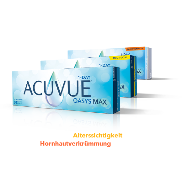 ACUVUE® OASYS MAX 1-Day,ACUVUE® OASYS MAX 1-Day, Multifokal, Astigmatism-Packshot auf marineblauem Hintergrundund Multifokal-Packshot auf marineblauem Hintergrund ACUVUE® OASYS MAX 1-Day, Multifokal und Astigmatism-Packshot auf marineblauem Hintergrund