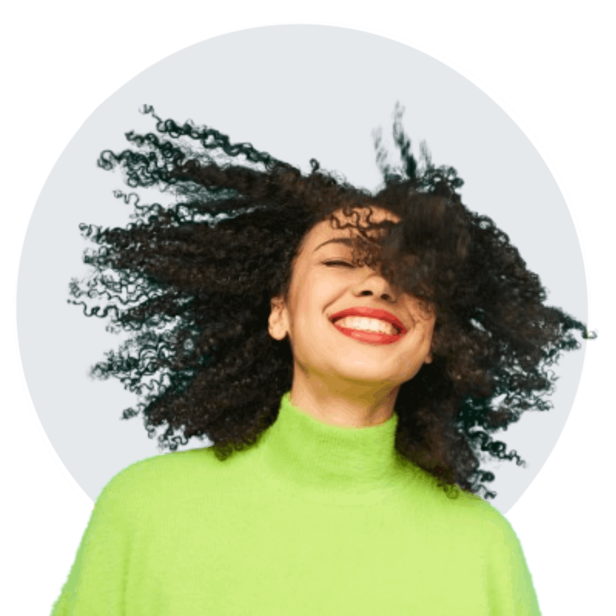 Woman with curly hair shaking her head