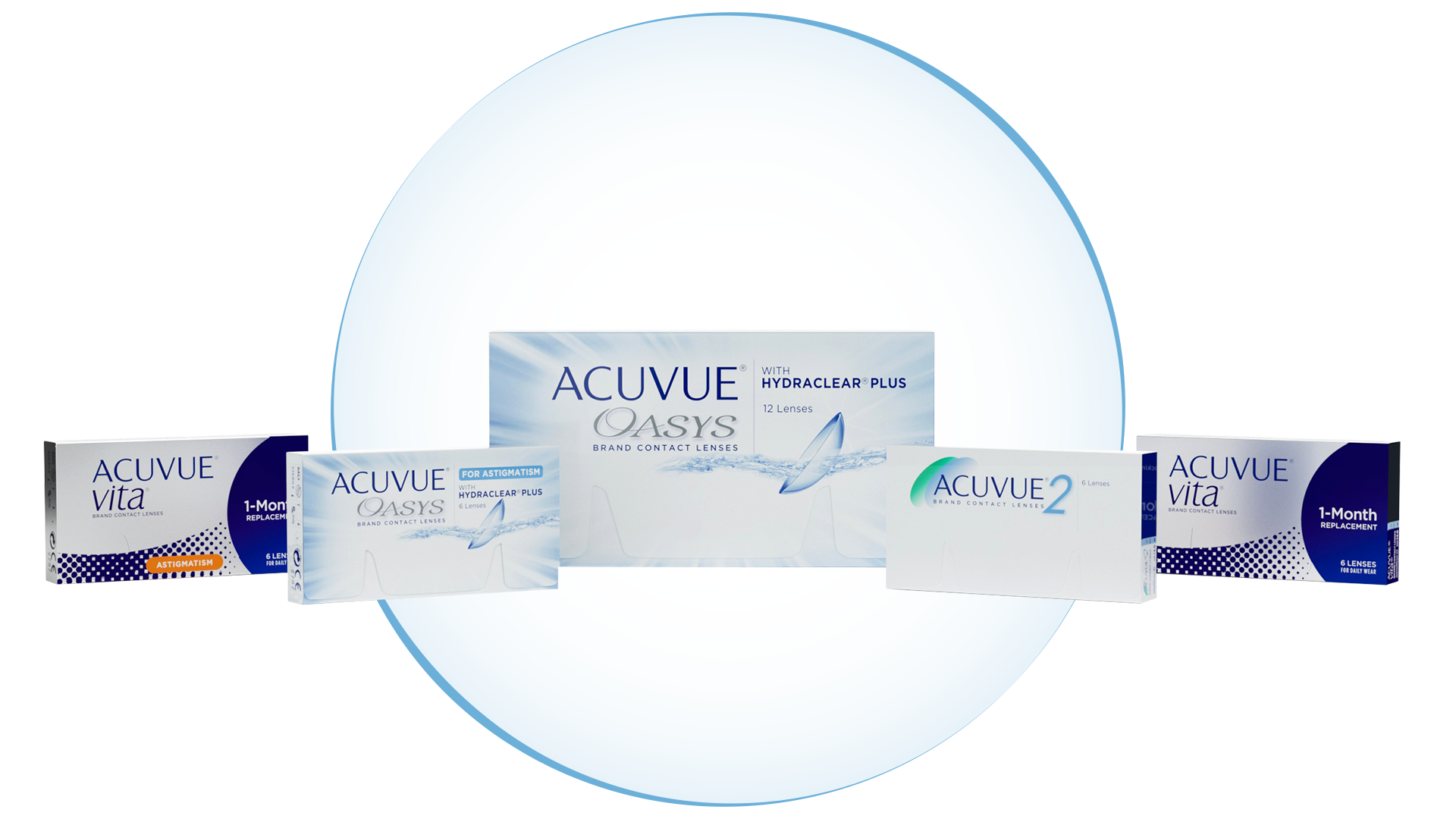 Assortment of ACUVUE contact lens boxes.