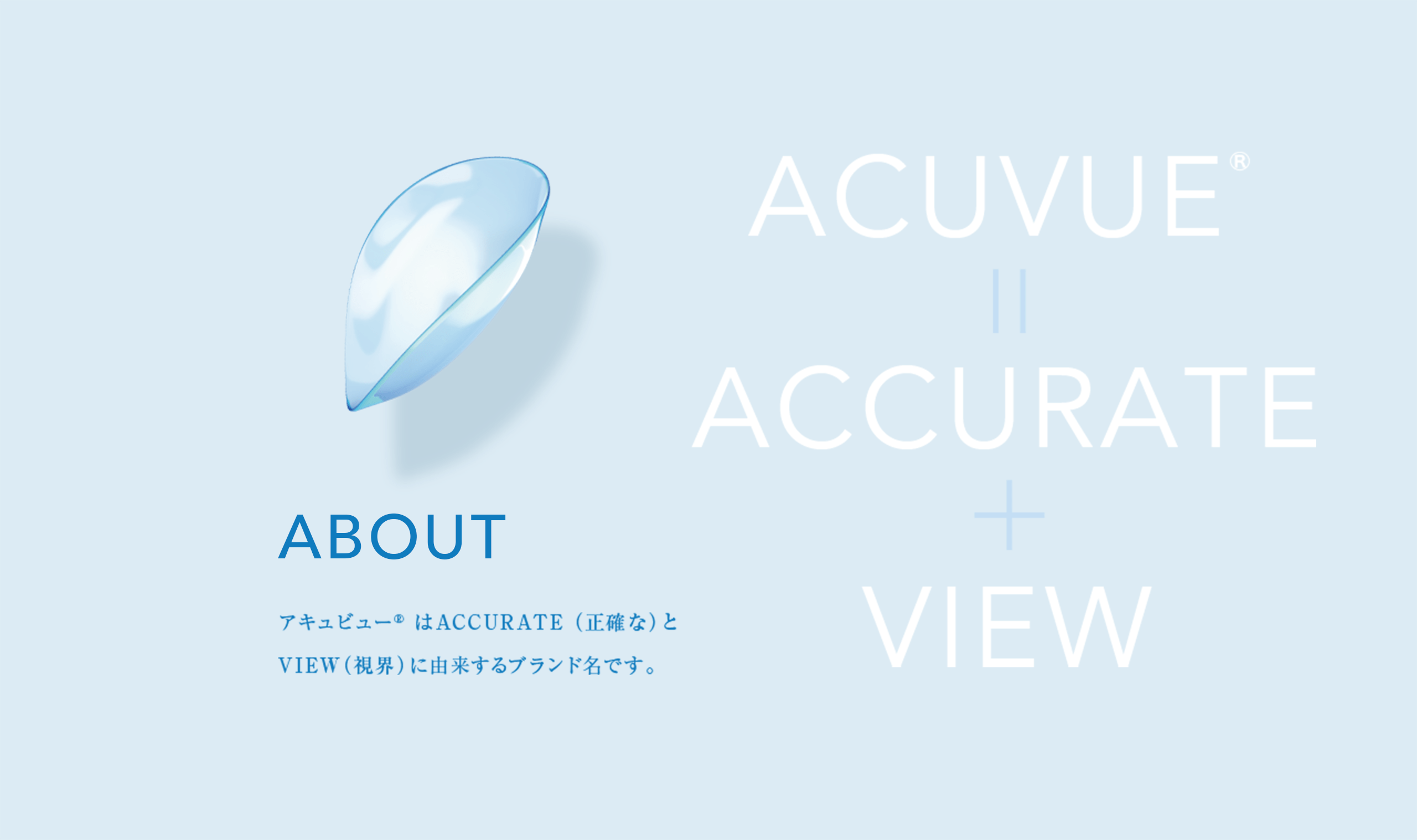 ABOUT アキュビュー® はACCURATE （正確な）とVIEW（視界）に由来するブランド名です。