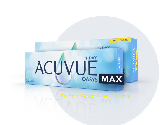 Packshot soczewek ACUVUE[^®]  OASYS MAX 1-DAY (jednodniowych) i Multifocal (wieloogniskowych) na granatowym tle