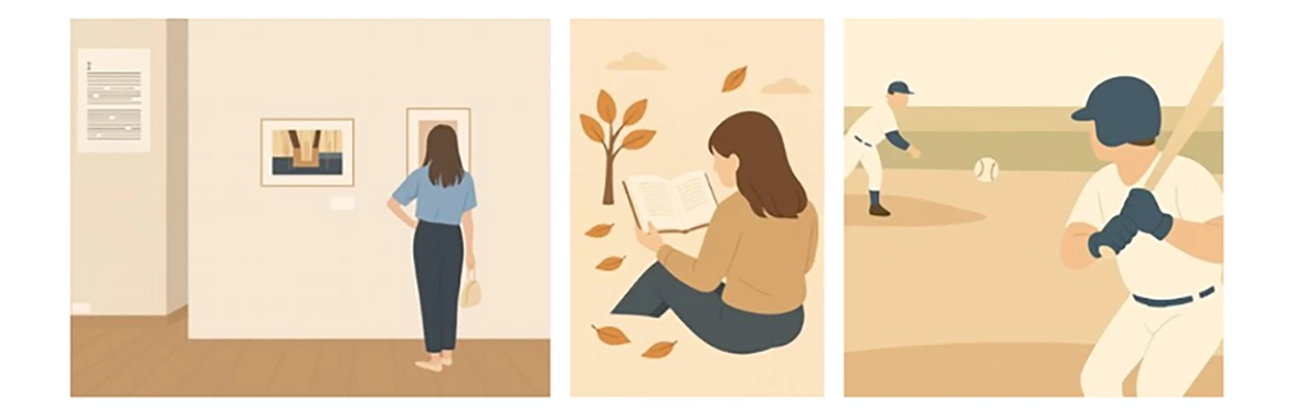 絵画を見る女性と読書をする女性と野球をしている男性たちのイラスト 絵画を見る女性と読書をする女性と野球をしている男性たちのイラスト