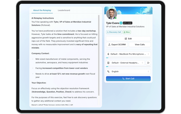 An AI Roleplay scenario brief beside a buyer persona card with a start-call control