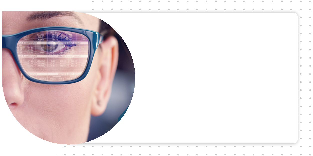 banner with an intense close-up of a woman in glasses.