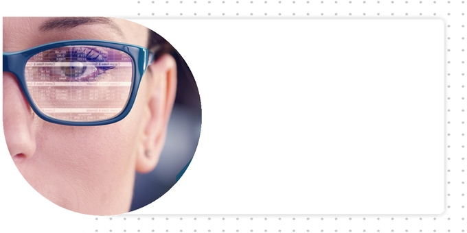 banner with an intense close-up of a woman in glasses.