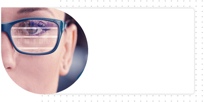 banner with an intense close-up of a woman in glasses.