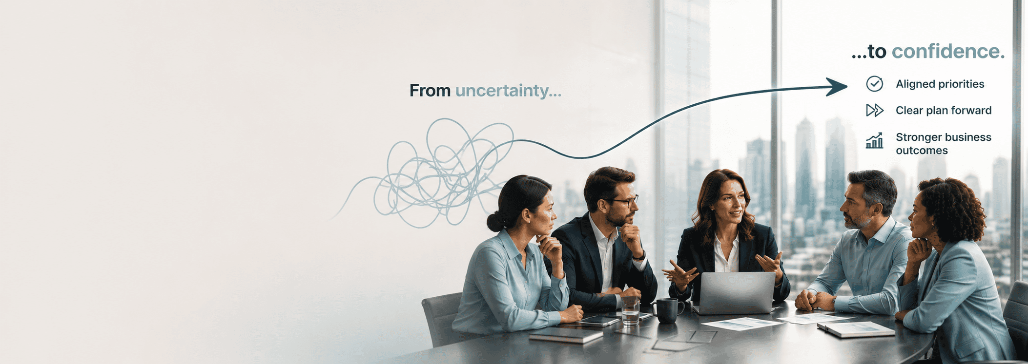 Five colleagues talking around a boardroom table, with a line tracing a path from a tangle of uncertainty to a set of confident outcomes