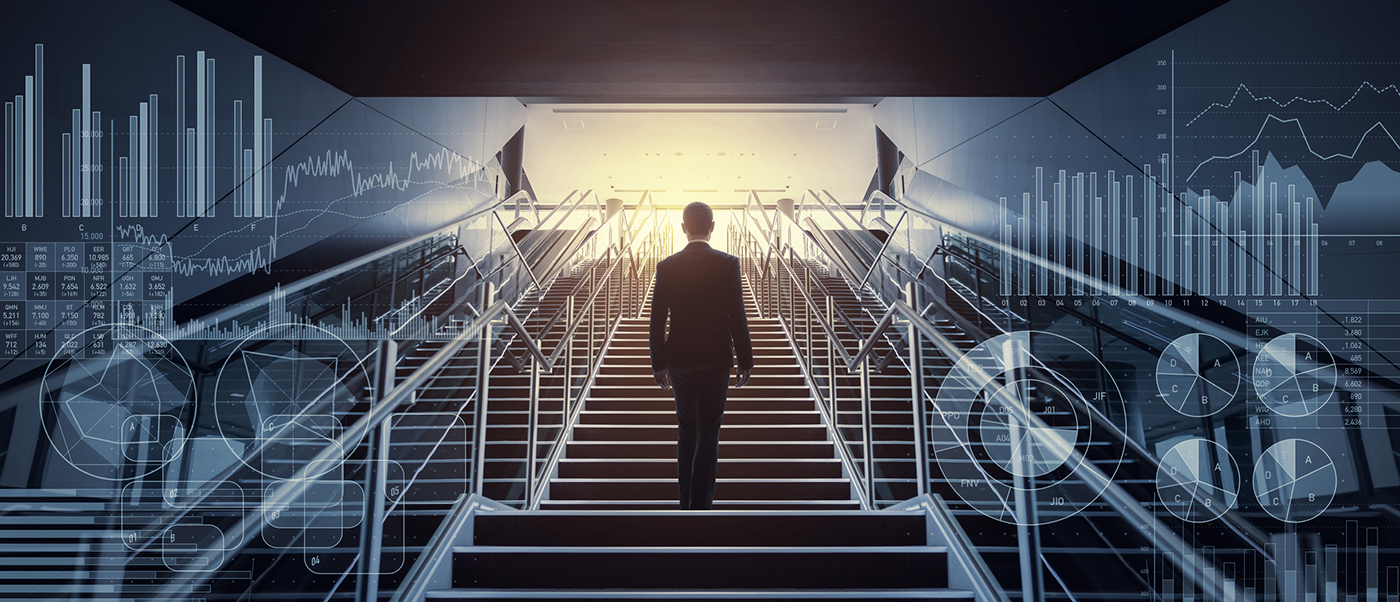 man walking up a stairwell as a metaphor for a sales person overcoming their sales challenges