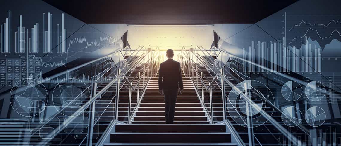 man walking up a stairwell as a metaphor for a sales person overcoming their sales challenges
