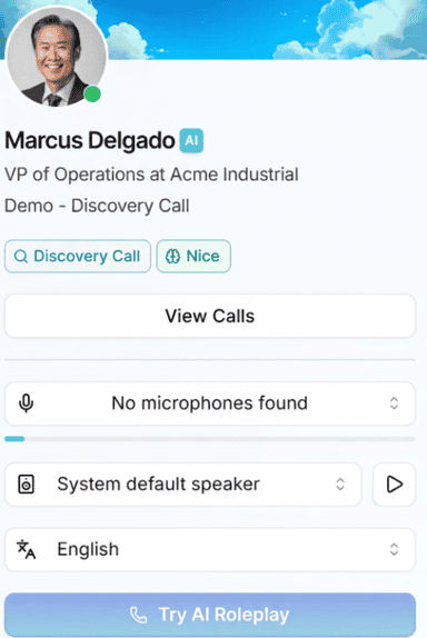 The Hyperbound roleplay panel — Marcus Delgado, VP of Operations at Acme Industrial, set up for a Discovery Call with a Try AI Roleplay button