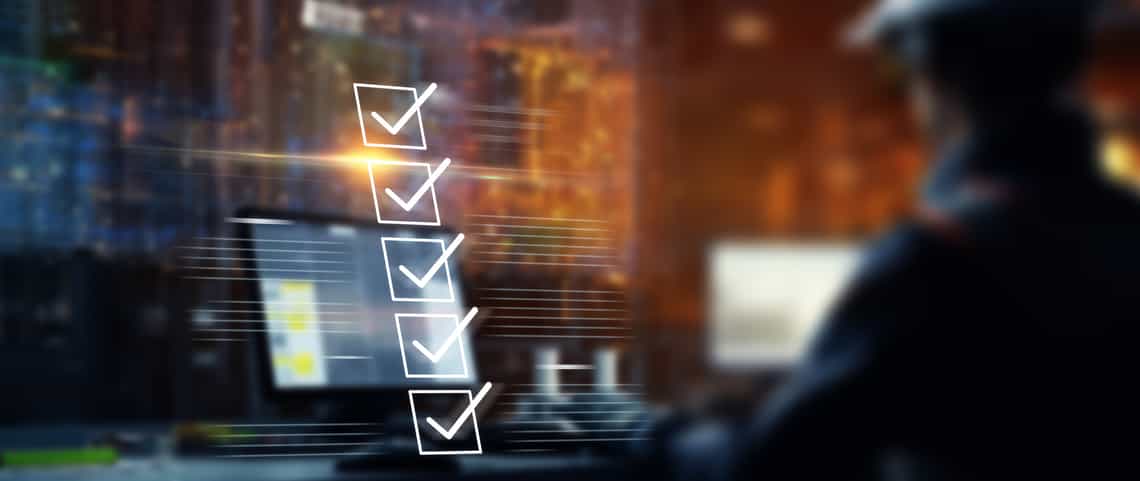 blurry image of a business man sitting at a lap top with prominent checklist overlay to represent the steps to creating a sales funnel
