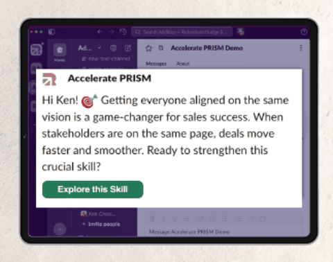 A phone showing an AI-powered learning reminder in the seller’s workflow