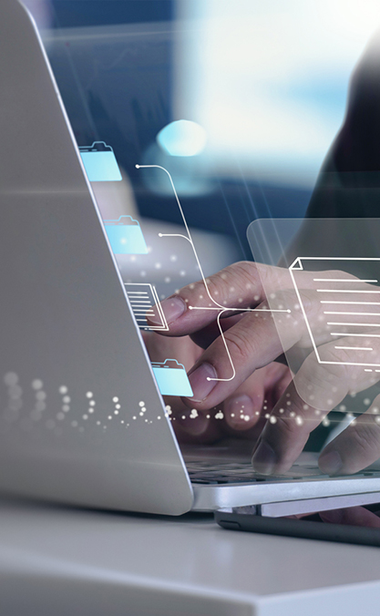 zoomed-in image of a laptop with translucent graphics emanating from it to signify the sales performance dashboard experience.