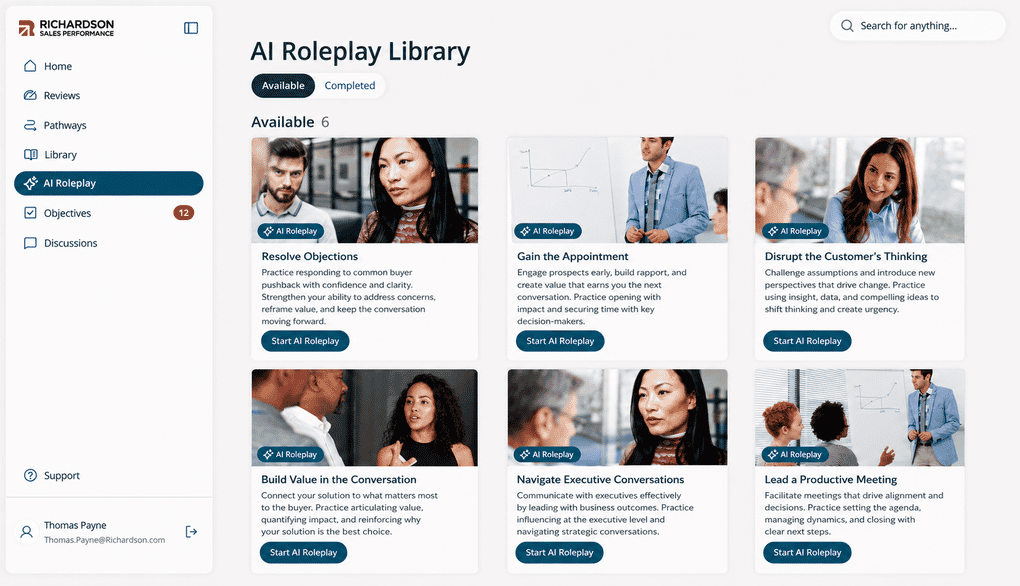 The AI Roleplay Library showing six available roleplays, each with a title, description and a Start AI Roleplay button