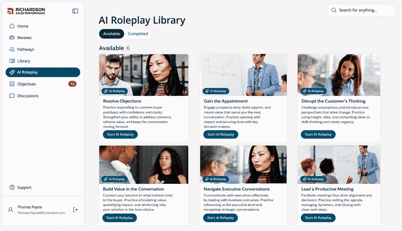 The AI Roleplay Library showing six available roleplays, each with a title, description and a Start AI Roleplay button