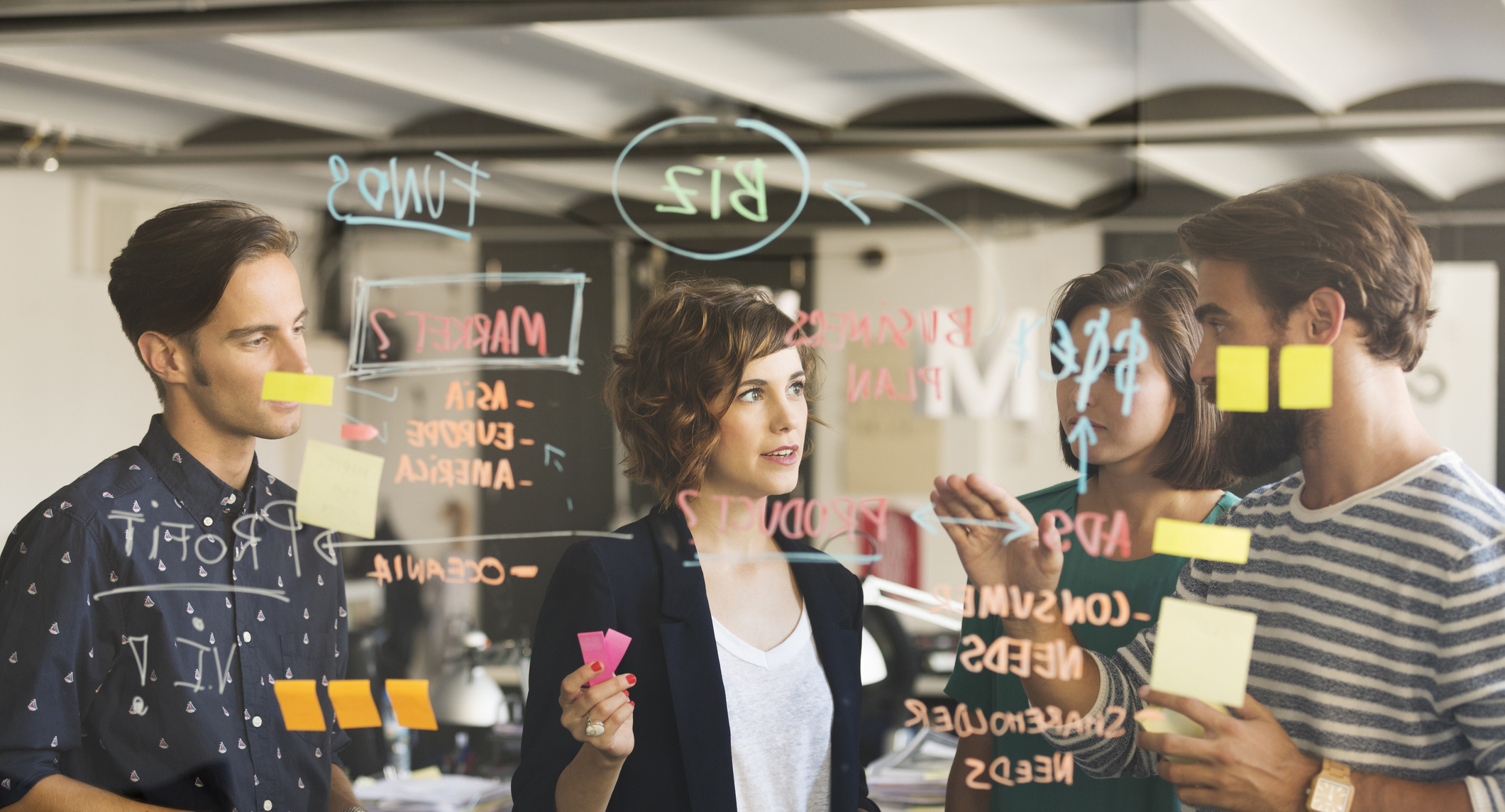 team of young sales leaders determining how to build a sales methodology that works for their team on a clear white board