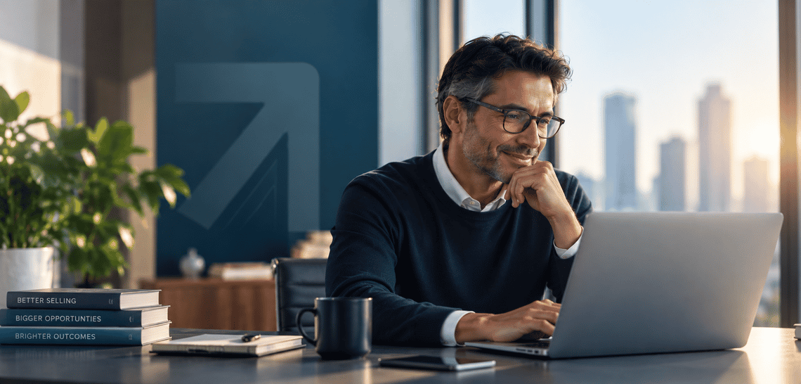 A sales professional using a laptop to practice and develop selling skills through AI-powered roleplay