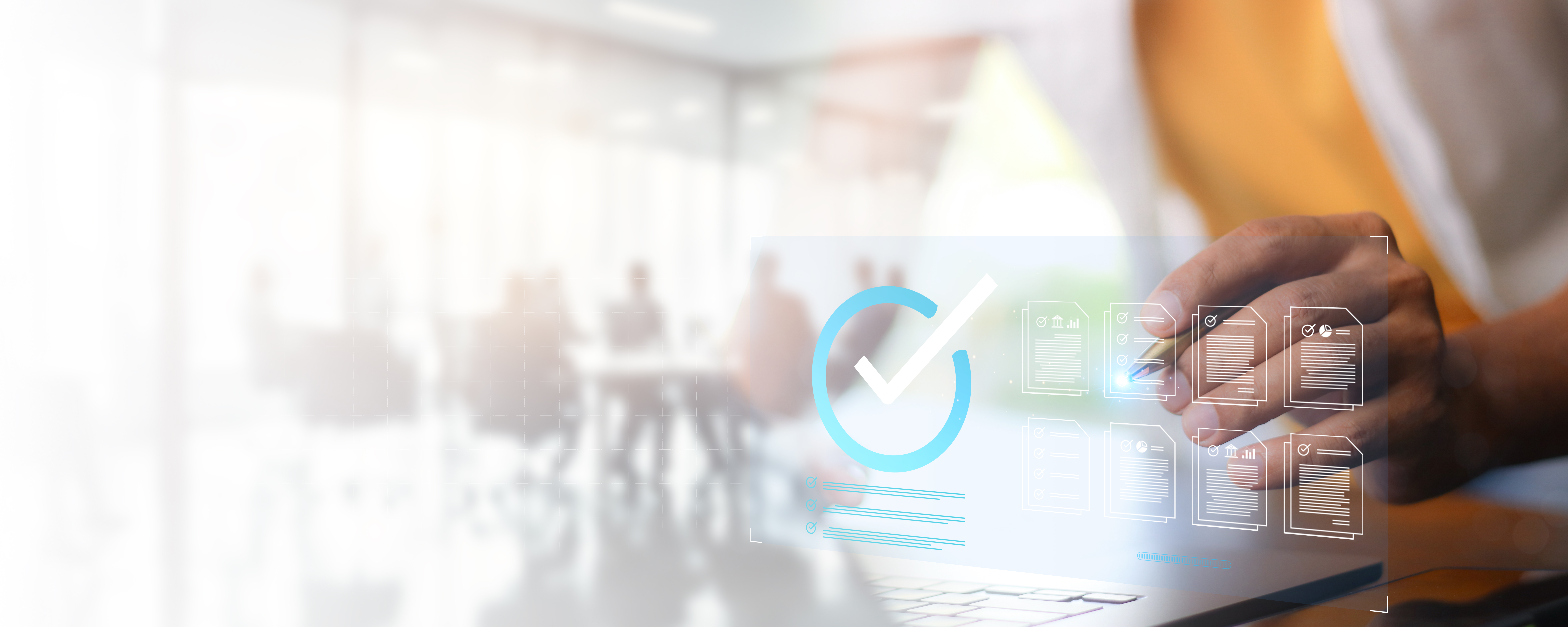 graphic with a check mark in the foreground and a faded image of business people around a conference room table in the background