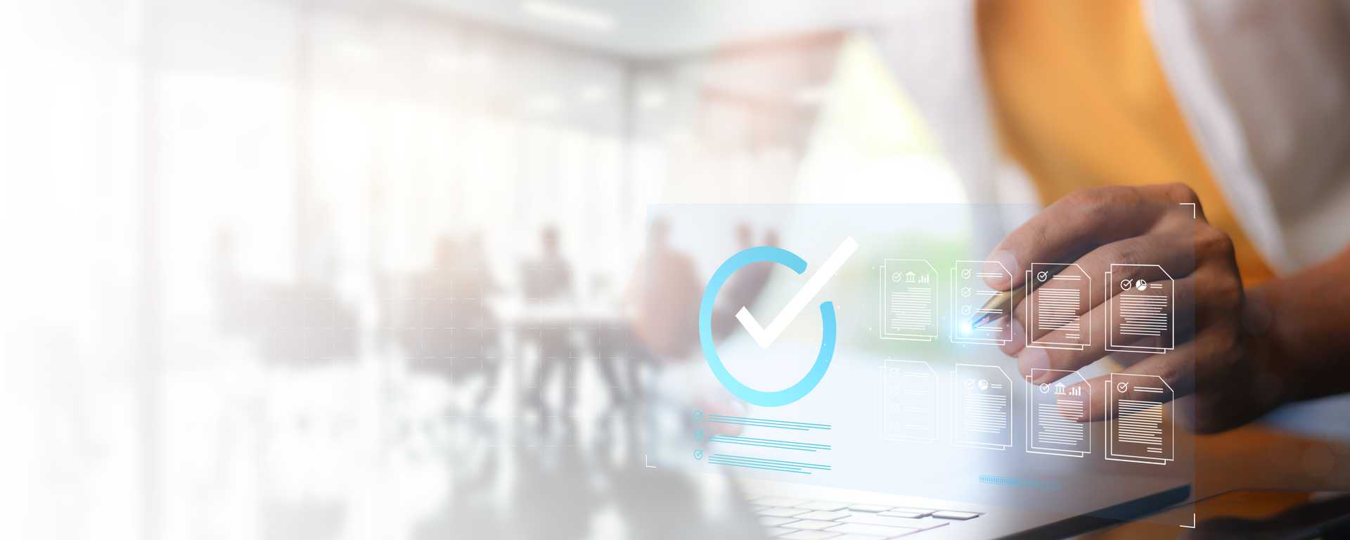 graphic with a check mark in the foreground and a faded image of business people around a conference room table in the background