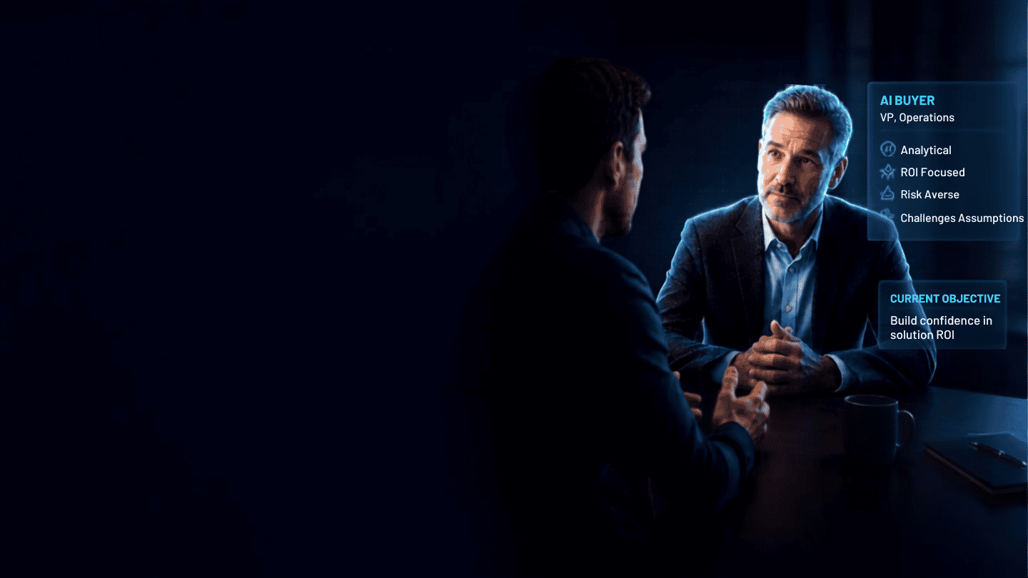 A seller in conversation with an AI buyer persona, overlaid with the buyer's profile and current objective