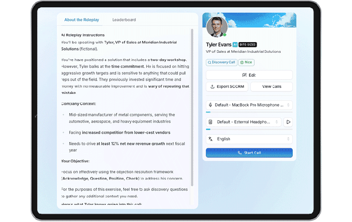 An Accelerate Prism AI Roleplay screen showing the scenario setup and instructions beside the AI buyer persona, with microphone, headphone and language controls and a Start Call button