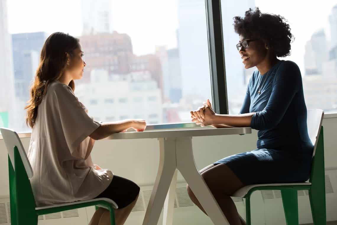 Two business professionals talking across a table.