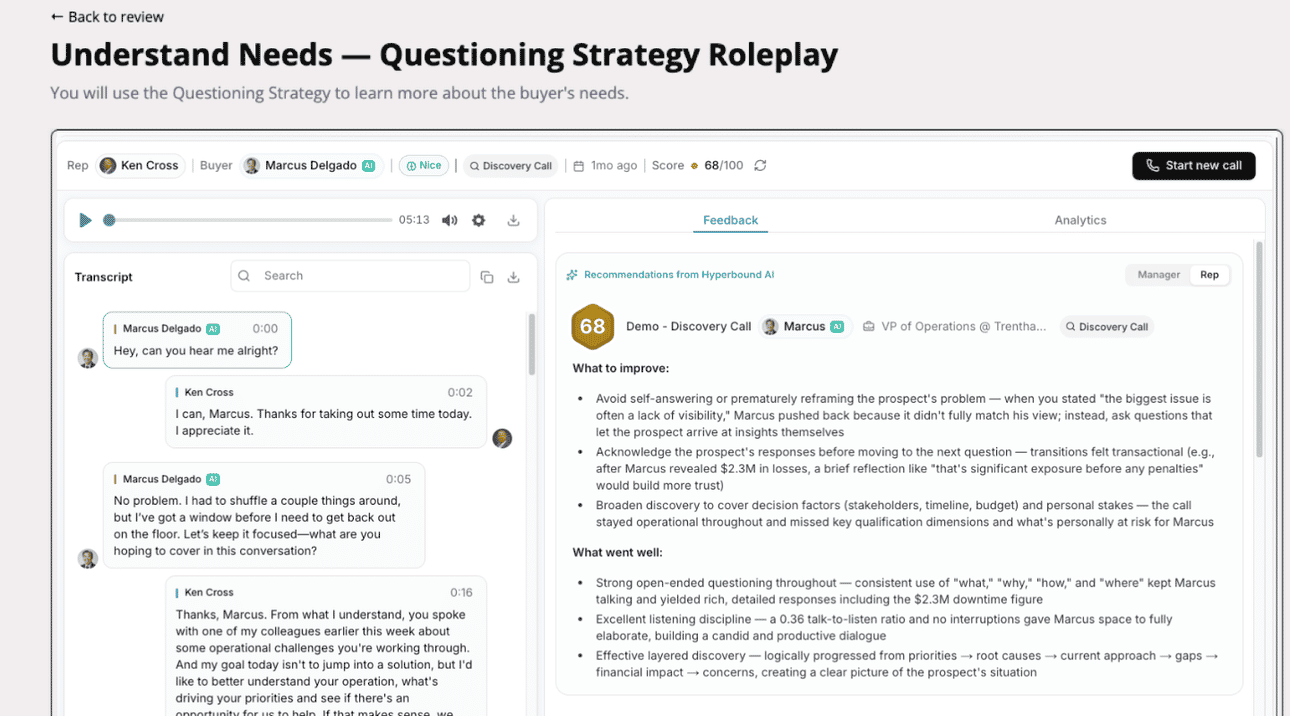 A completed Understand Needs questioning strategy roleplay, showing the call transcript beside scored feedback and a 68 out of 100 result