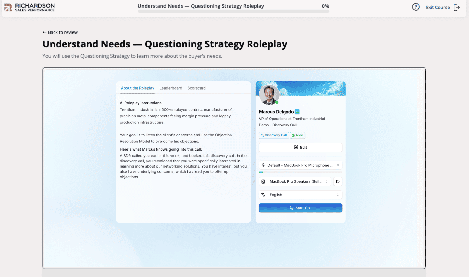 An AI Roleplay session in progress, with the simulated buyer on screen and the seller's live transcript beside it