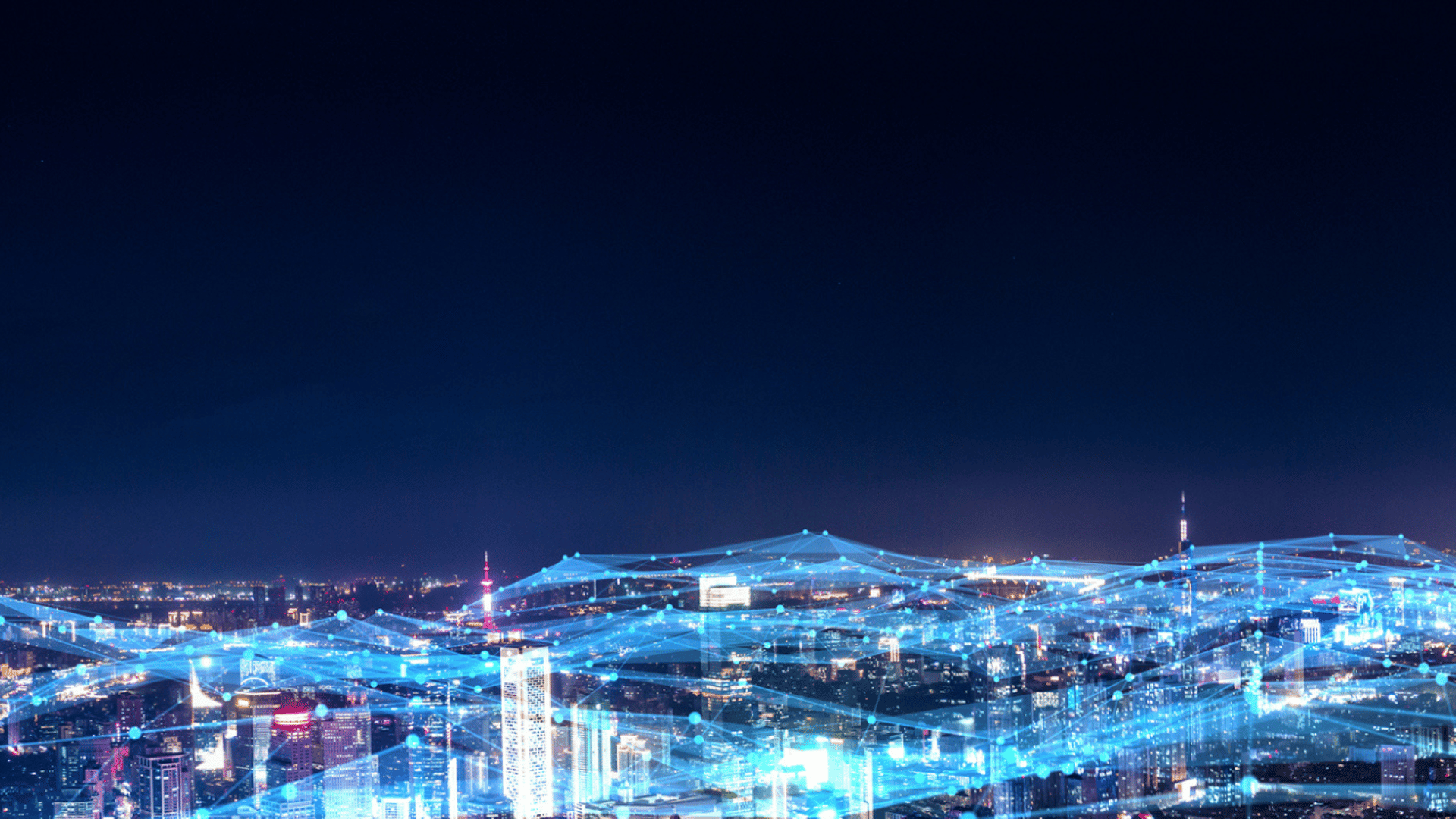 city skyline with lights connecting buildings to symbolize mitels work in telecommunications