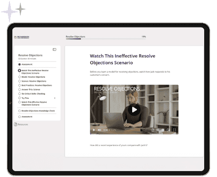A tablet showing a Resolve Objections lesson in the Accelerate platform, with a dialogue video queued beside the lesson outline