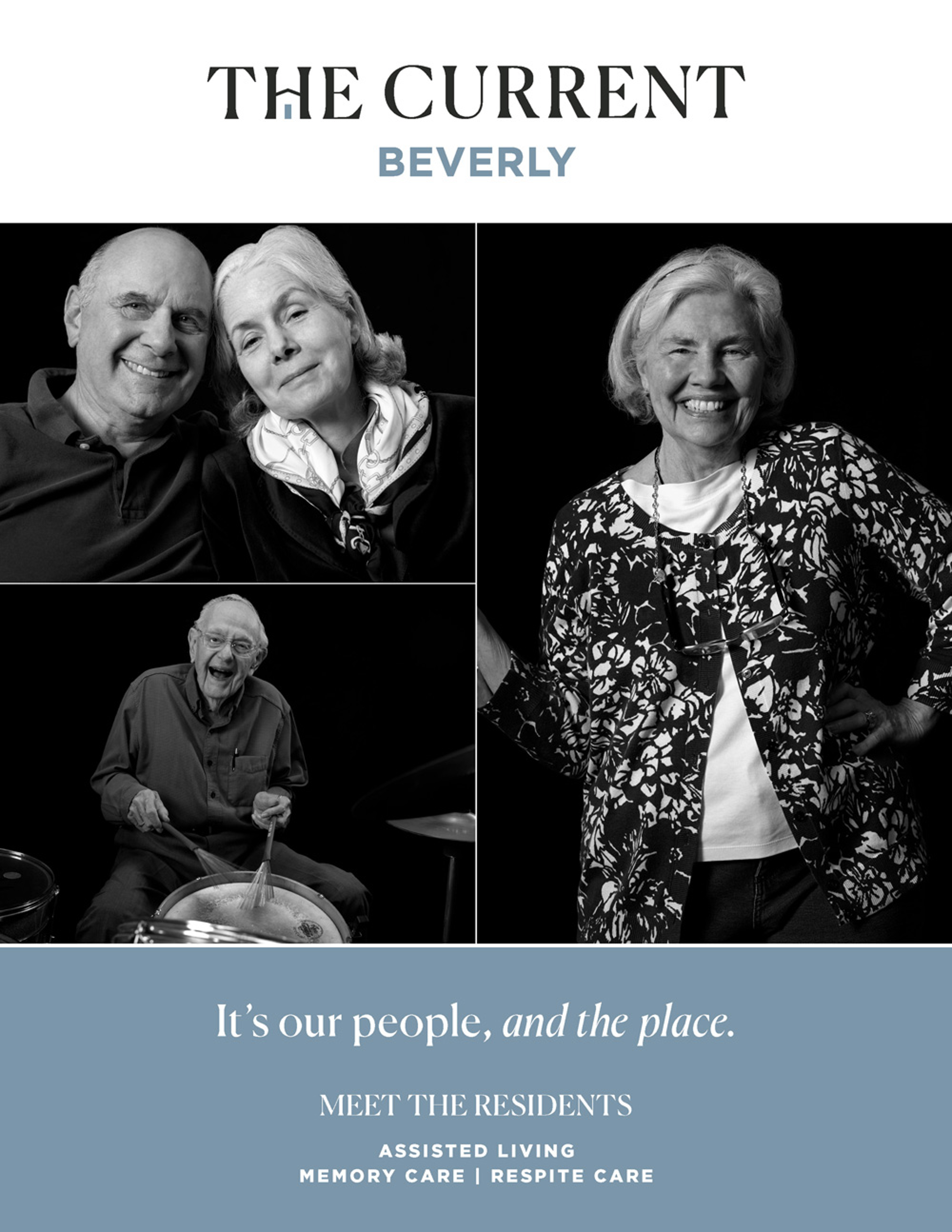 The Current Beverly Brochure Cover showing portraits of residents. Caption: It's our people, and the place.