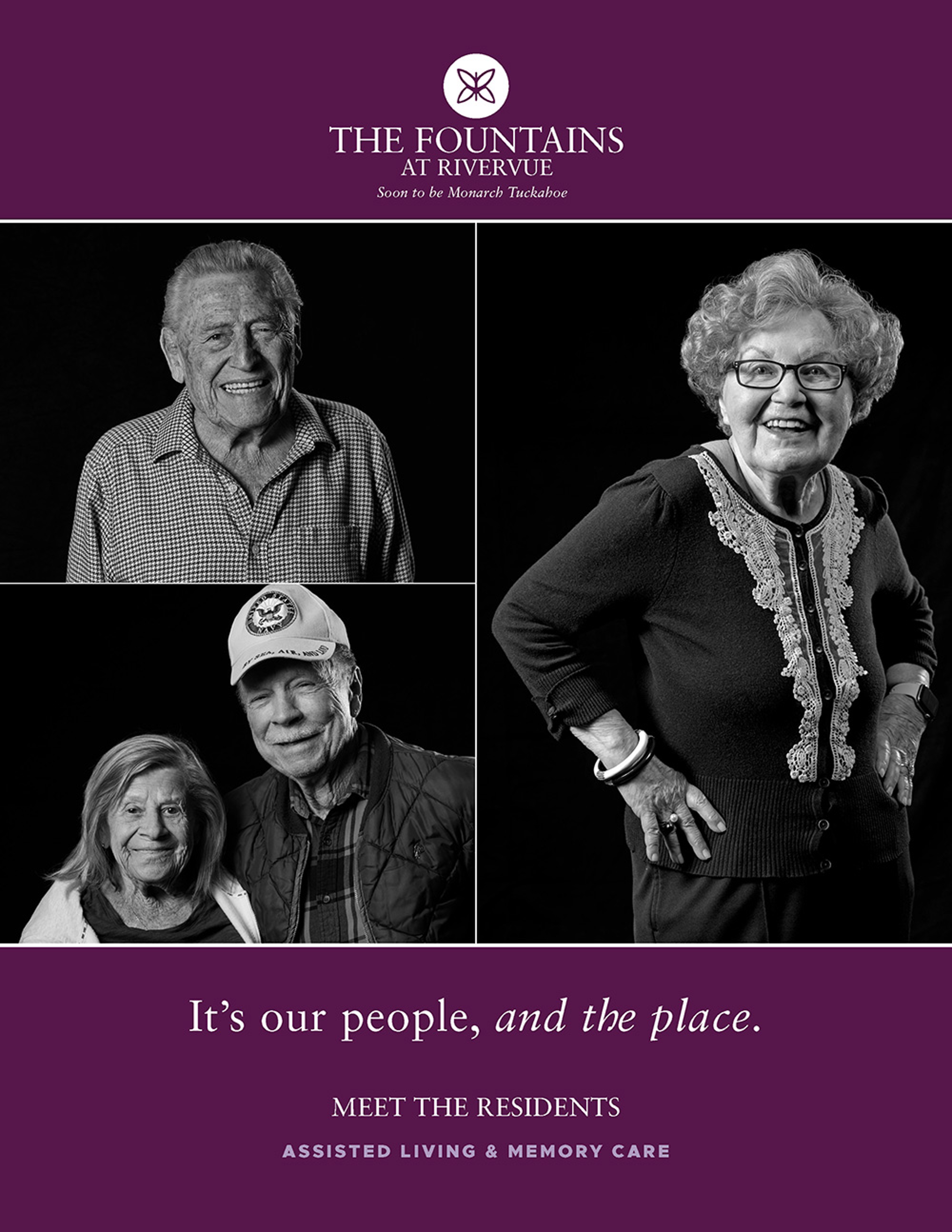 The Fountains RiverVue Brochure Cover showing portraits of residents. Caption: It's our people, and the place.