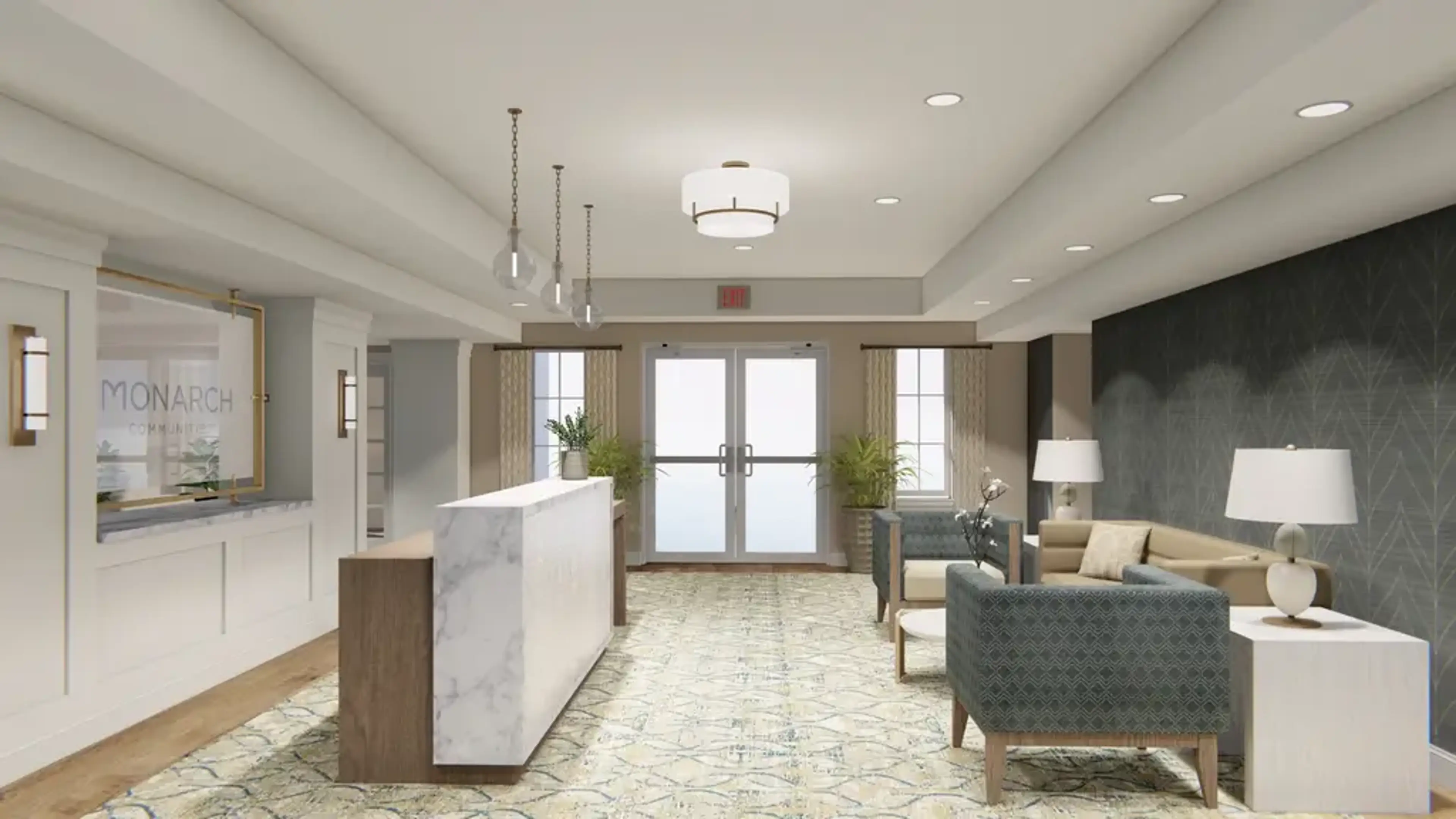 A reception desk area