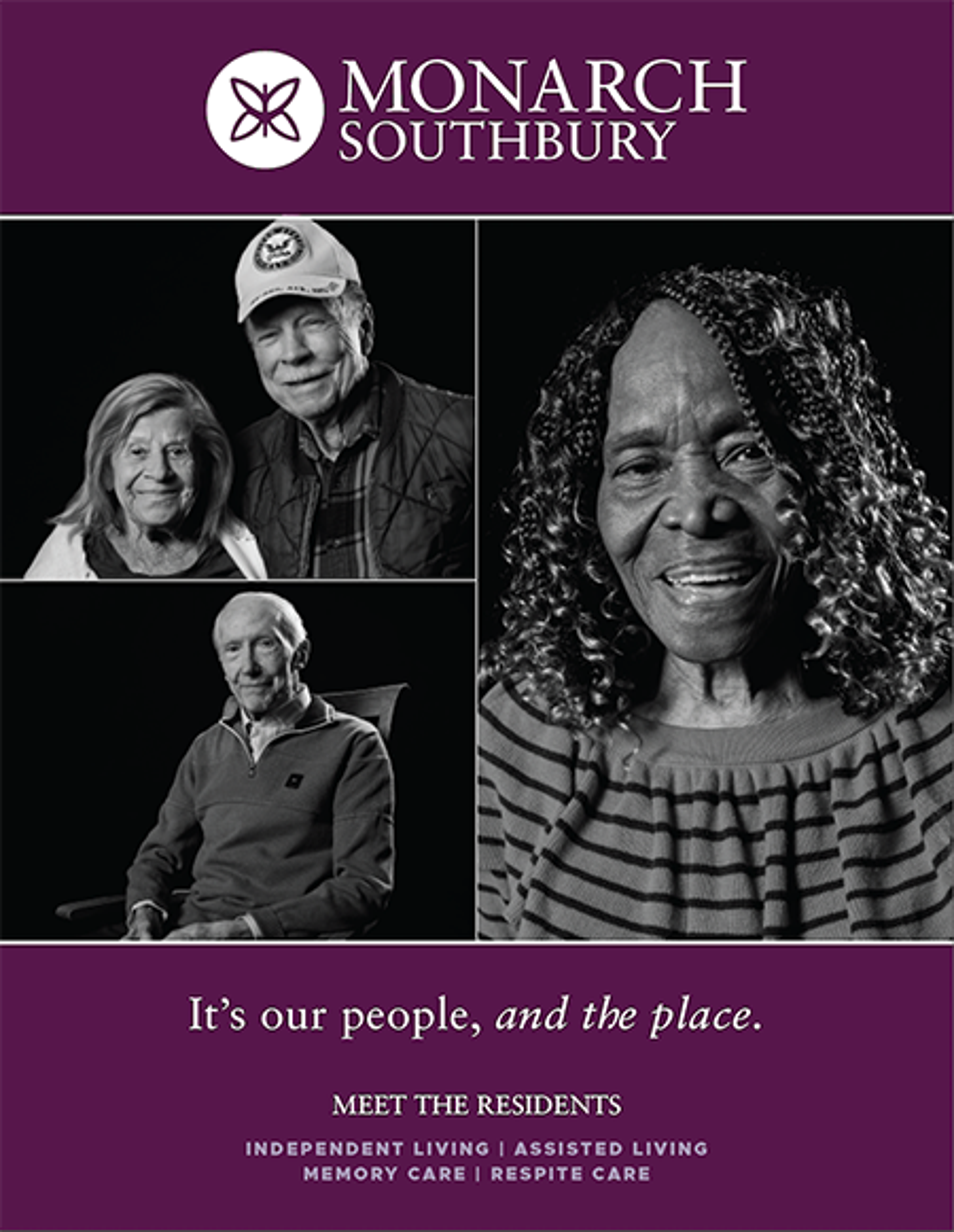 Monarch Southbury Brochure Cover showing portraits of three residents. Caption: It's our people, and the place.