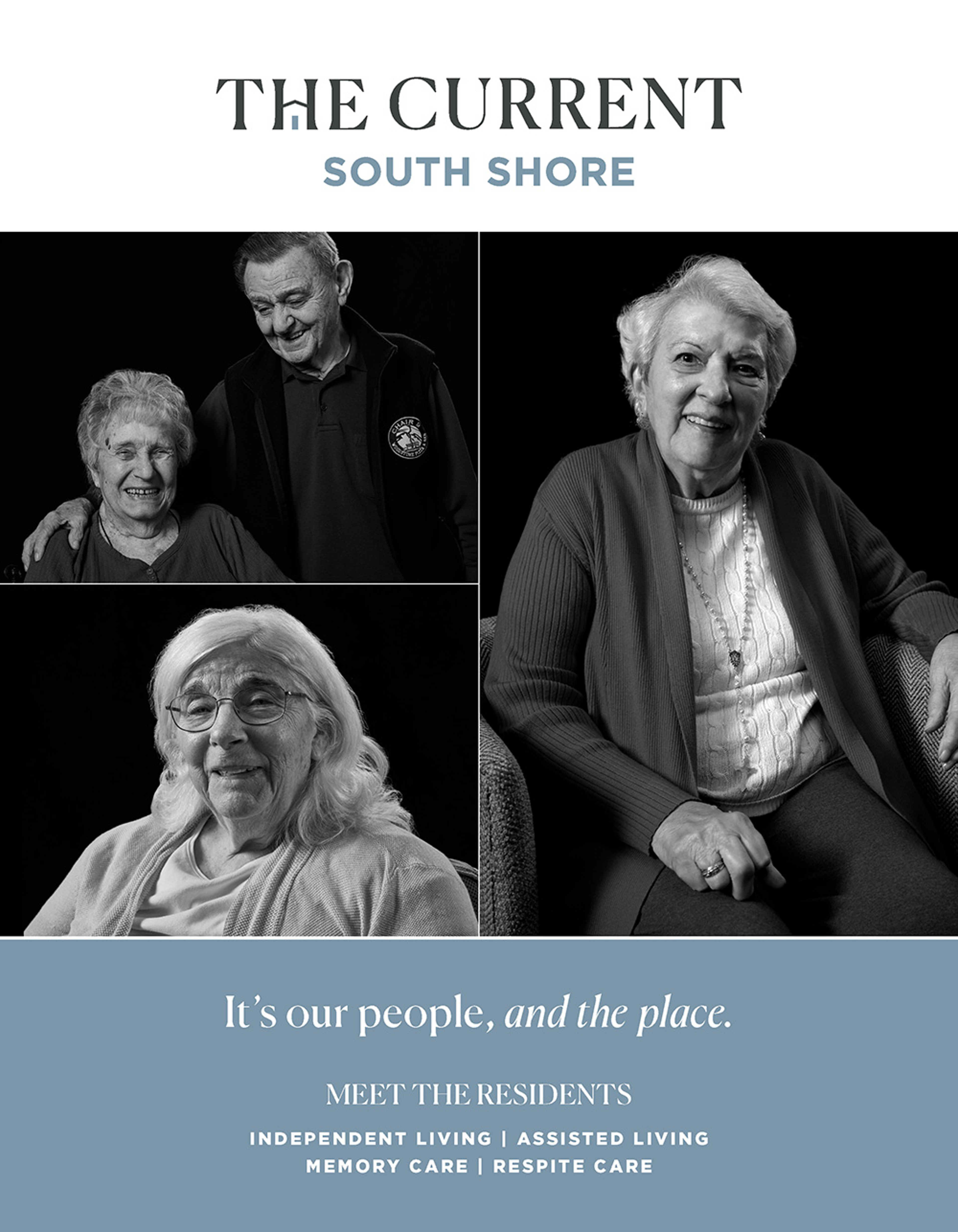 The Current South Shore Brochure Cover showing portraits of residents. Caption: It's our people, and the place.