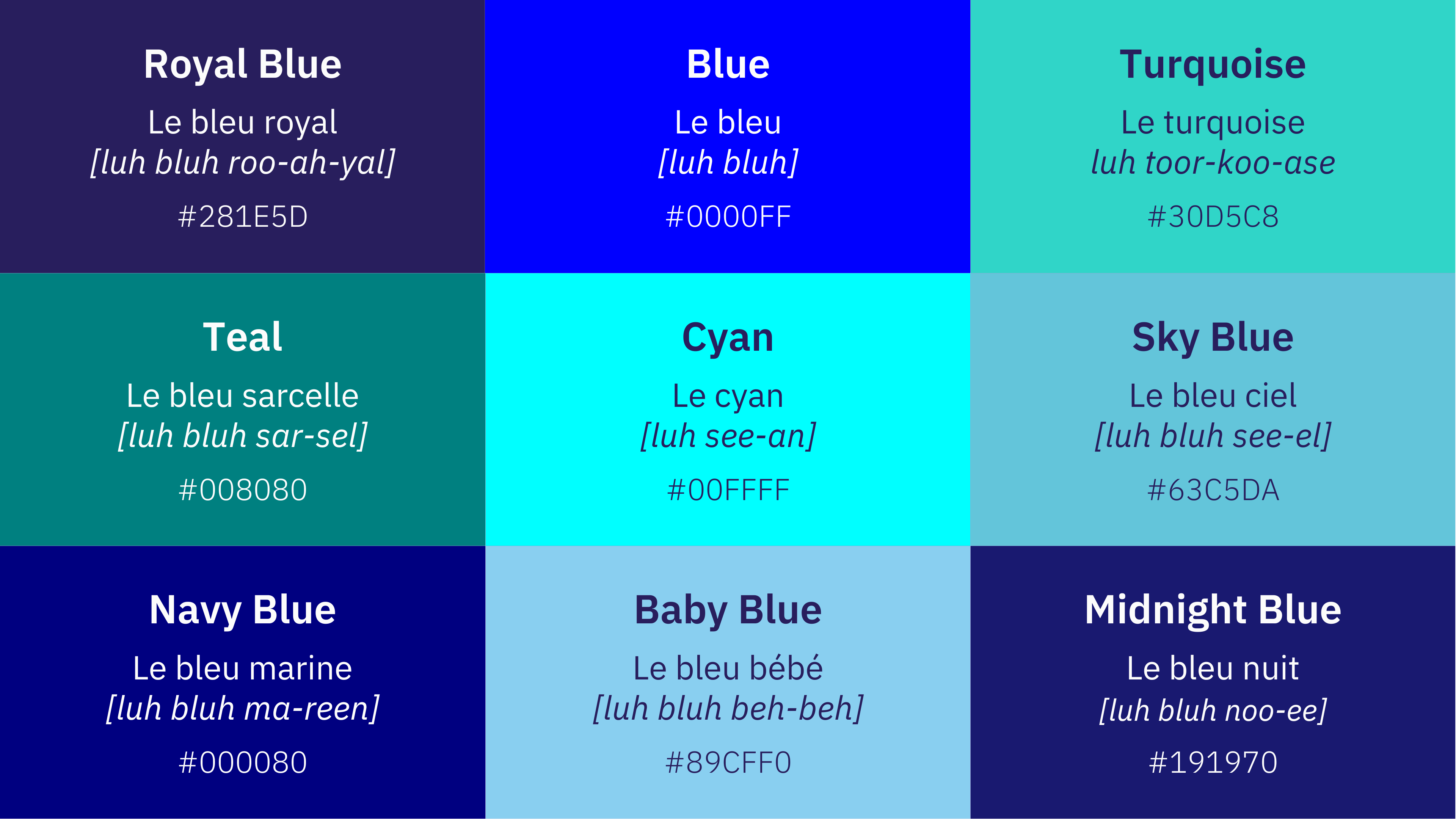 Überblick der verschiedenen Töne der Farbe blau