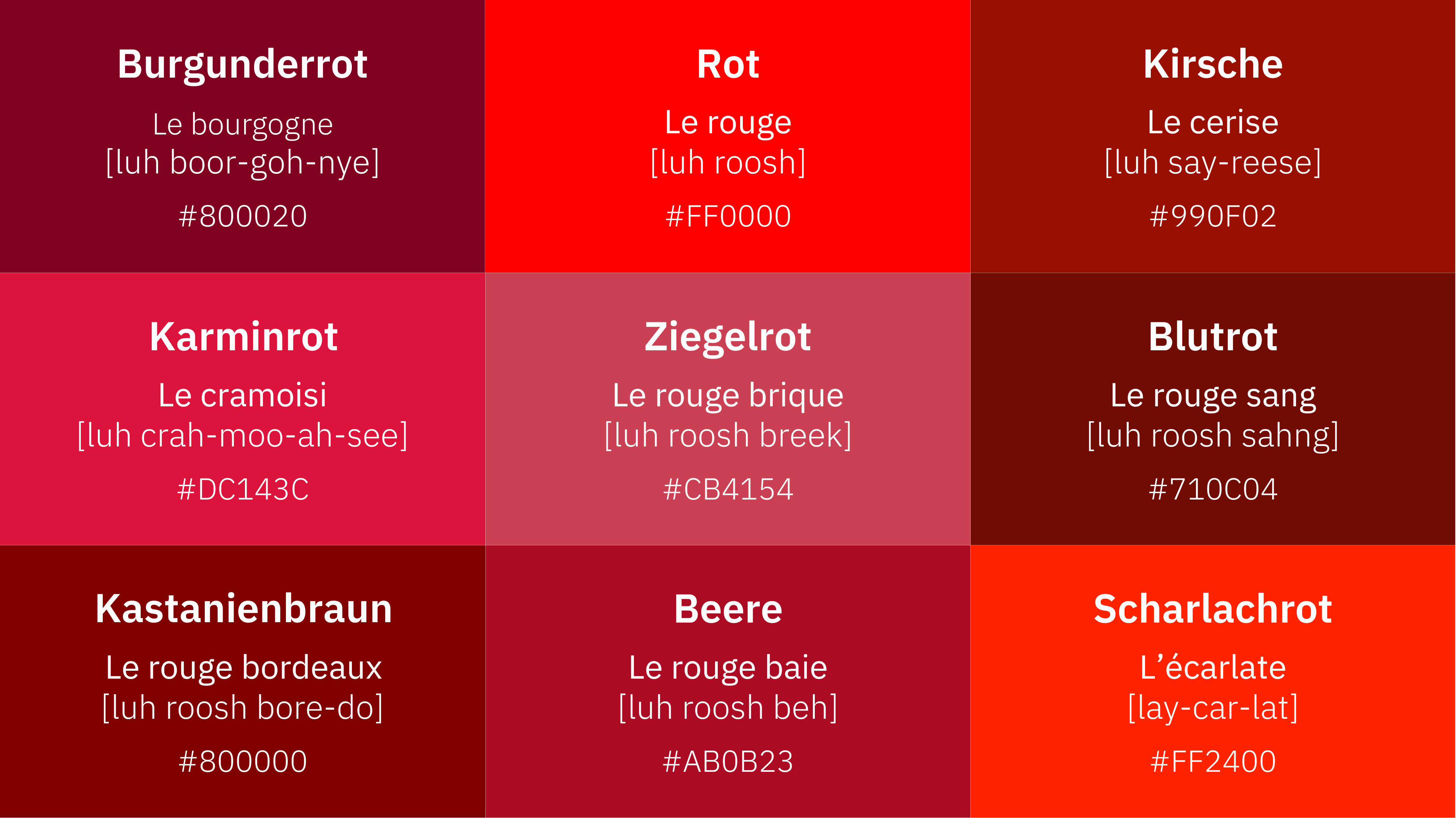Übersicht der verschiedenen Töne der Farbe Rot